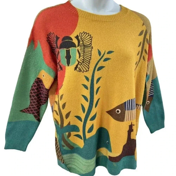 YESNO Wool Blend Womens L Sweater Graphic Oversized Pullover Casual Loose Long S - Picture 4 of 14